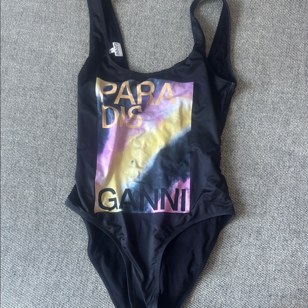 Ganni Black Swimsuit with Gold and Purple Graphic
